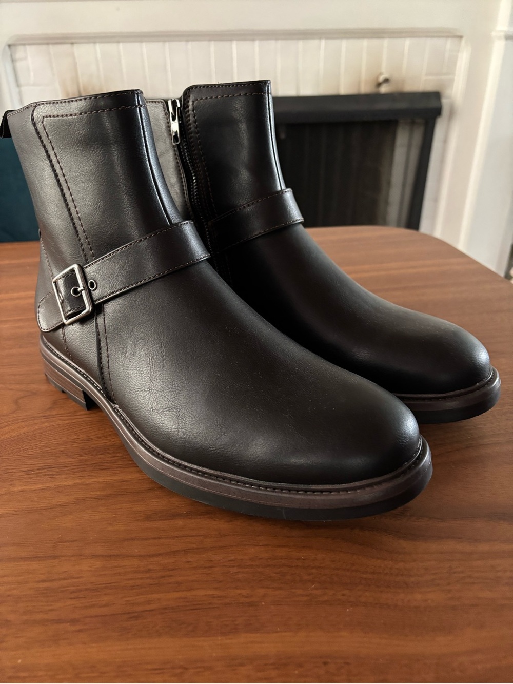 Men's Black faux Leather Moto Ankle Boots with Buckle